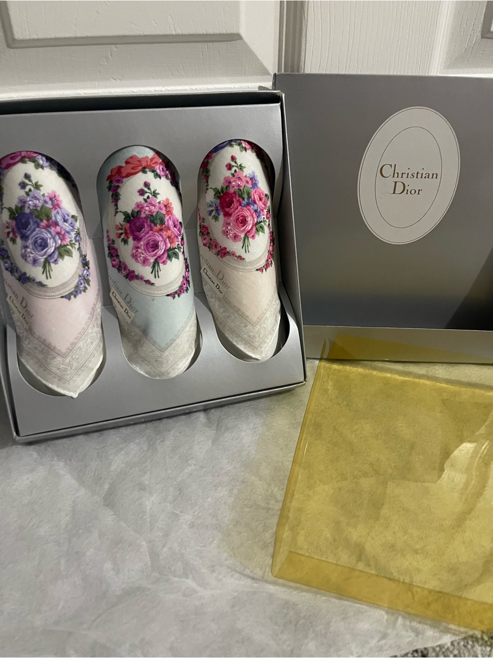 Dior Women's Floral handkerchief in White with Pink & Purple Blooms All NEW